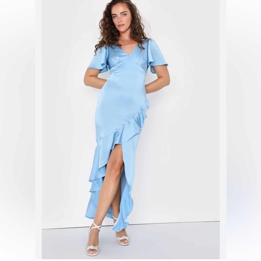Lulus Gown Dress Chic Ruffed Hi Low Satin Blue Women L Formal Wedding Party New